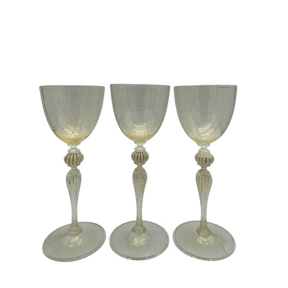 Other - Venetian Vintage Clear Gold Flecked Hand Blown Goblets Set of Three